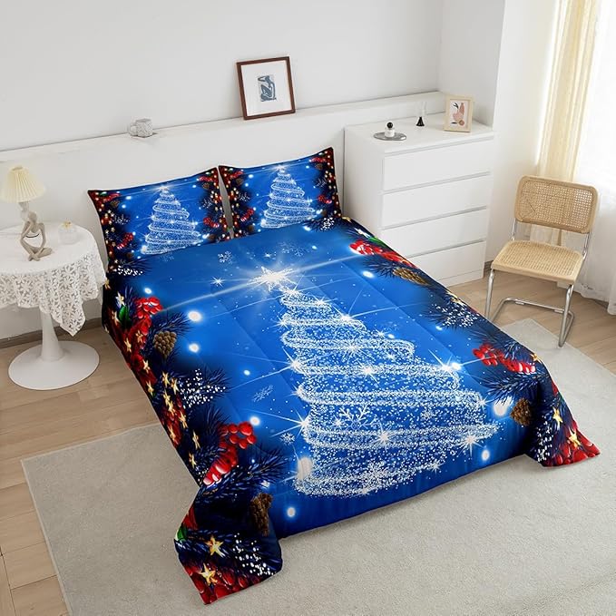 Feelyou Kids Merry Christmas Decorations Comforter Set, Kids Santa Tree Bedding Set Toddler Size for Boys Girls Teens Xmas Christmas Bell Decor Comforter Glitter Blue Quilt Set