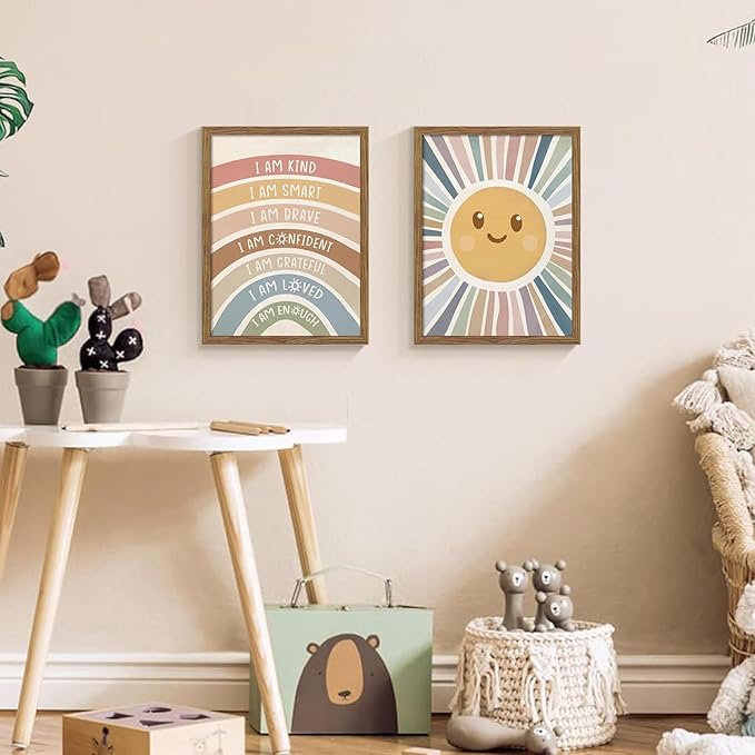 Dytila 2 Piece Framed Boho Rainbow Kids Room Wall Art, Positive Affirmations Playroom Wall Decor, Sun Smiley Face Nursery Painting Canvas Prints for Classroom Toddler Room Decor 16x24 Inch