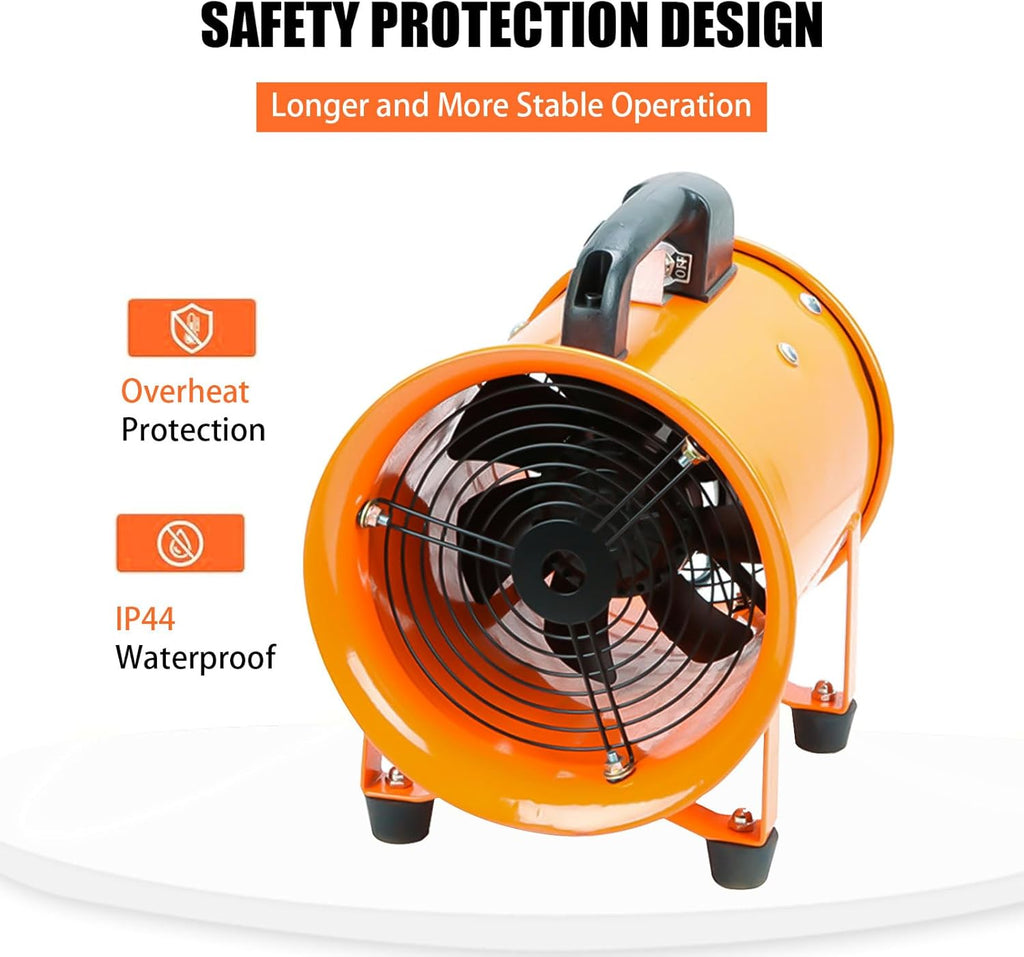 8-Inch High-Velocity Portable Utility Blower Fan, Industrial Exhaust Fan with 16.4ft Flexible Duct Hose, 3150 RPM Low-Noise Ventilator for Basements, Workshops, Warehouses, and Confined Spaces
