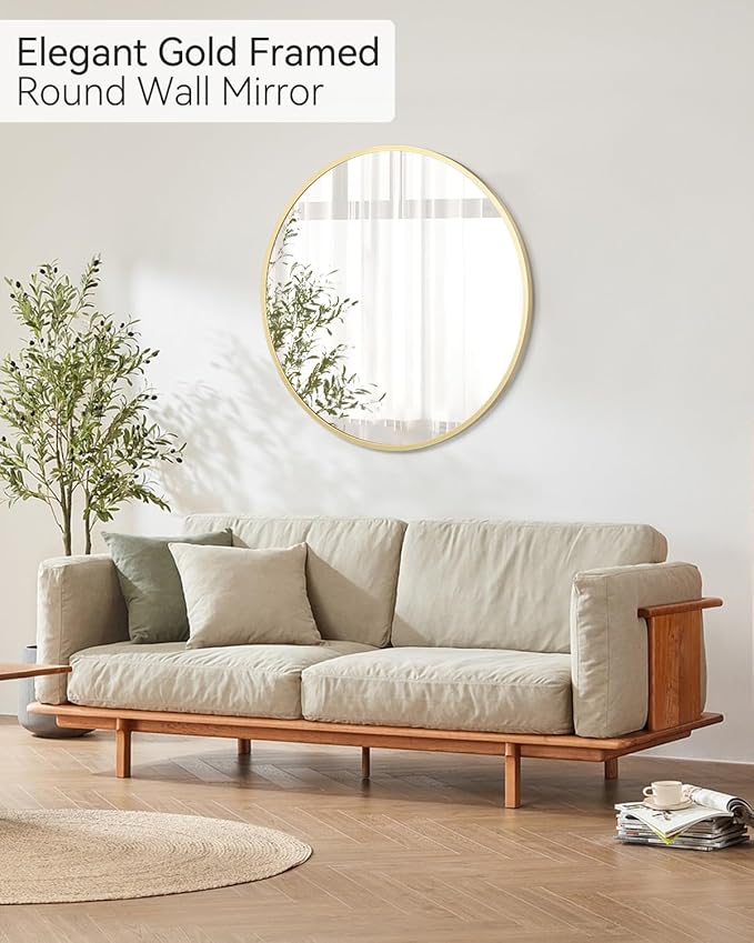 Gold Circle Mirror for Bathroom, 24 inch Circle Mirror, HD Eco-Friendly Round Bathroom Mirror for Over Sink, Matte Gold Metal Framed Wall Mirror for Wall, Vanity, Living Room, Easy to Install