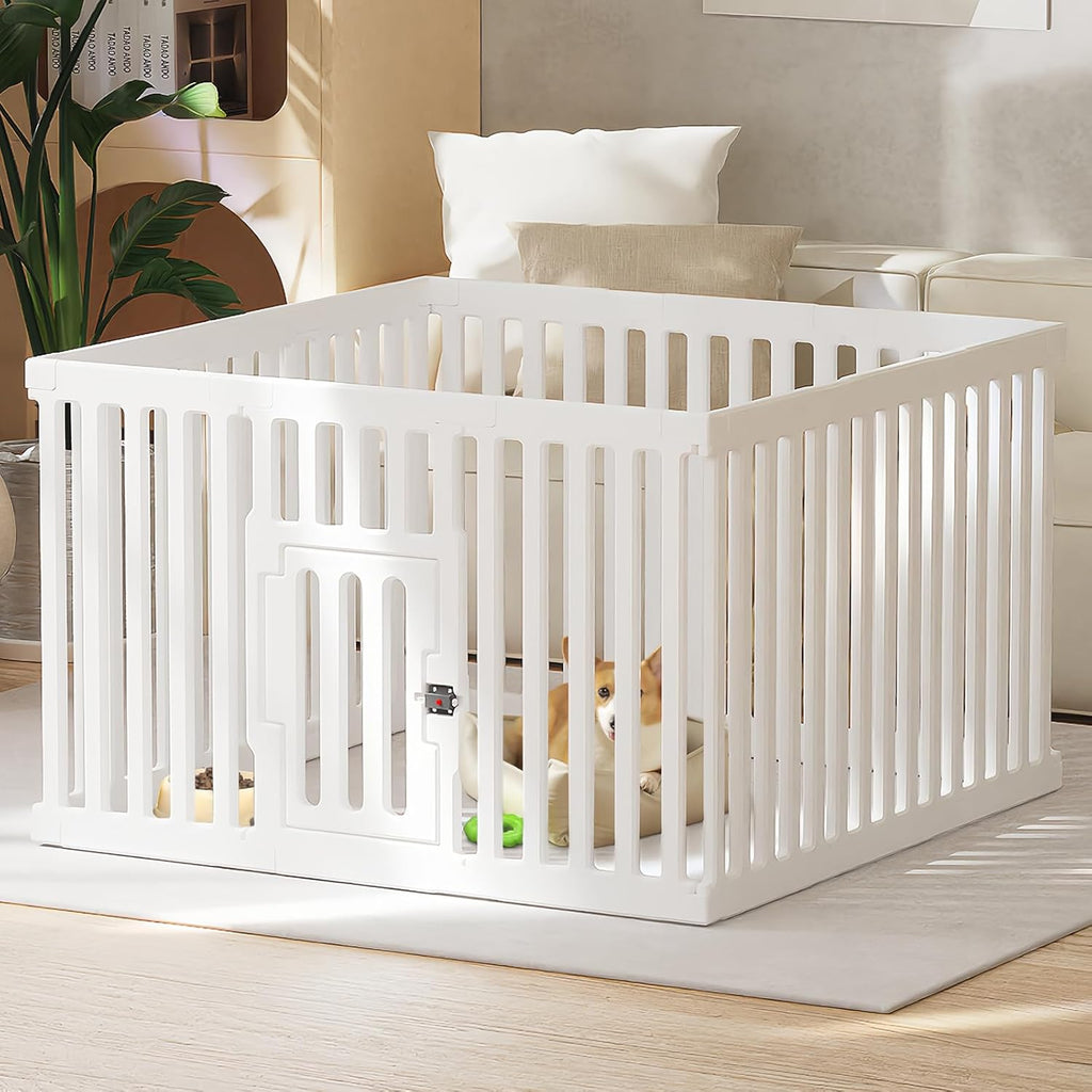 Dog Playpen with Door, 12 Panels Puppy Playpen, 25.6” H Dog Pen for Small Cats and Dogs, Pet Fence for Indoor & Outdoor, Non-Slip Pet Gate Made of Strong Plastic, White