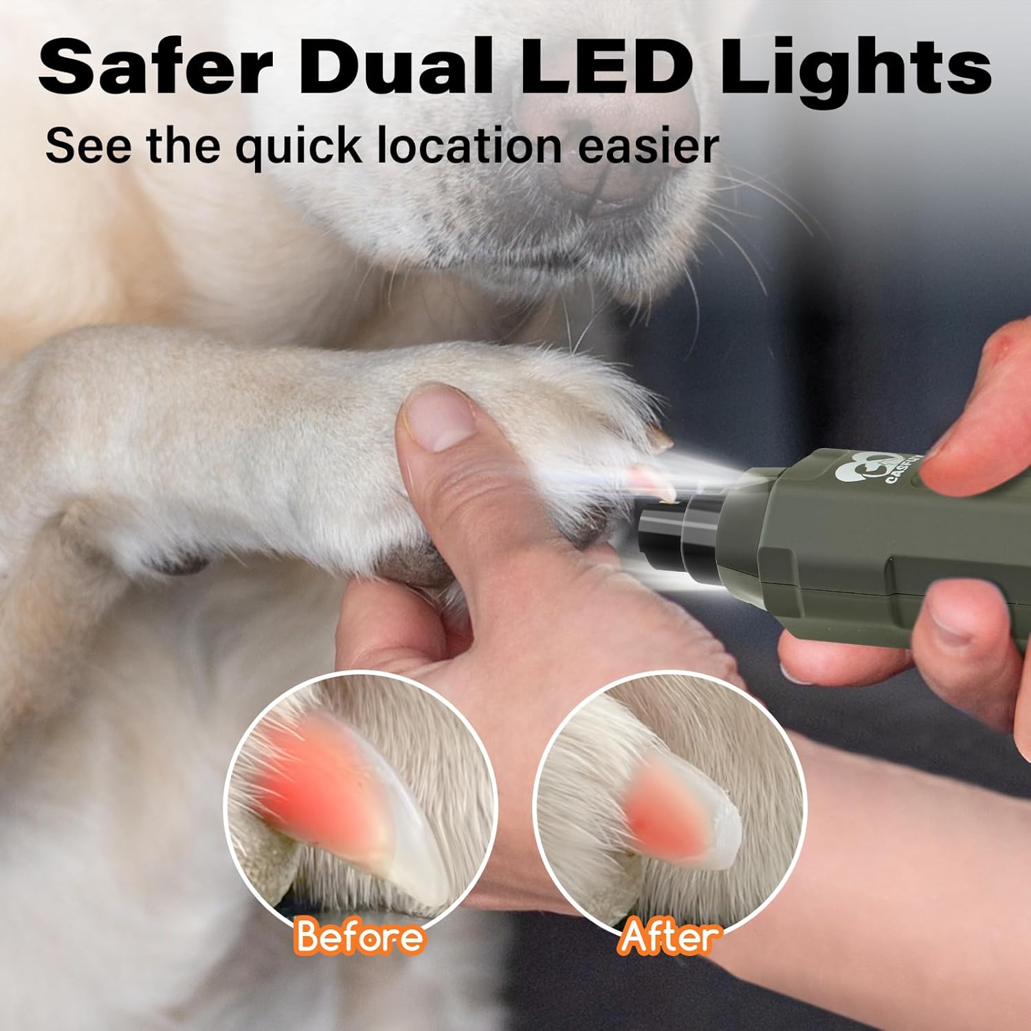 Casfuy 6-Speed Dog Nail Grinder - Newest Enhanced Pet Nail Grinder Super Quiet Rechargeable Electric Dog Nail Trimmer Painless Paws Grooming & Smoothing Tool for Large Medium Small Dogs (Army Green)
