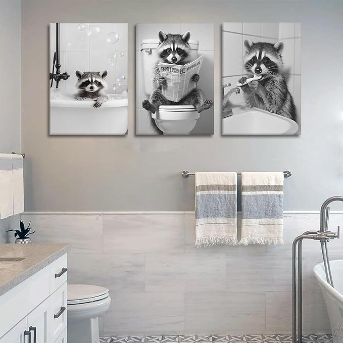 Funny Raccoon Bathroom Canvas Wall Art set of 3 Black and White Cute Raccoon Sitting on Toilet Poster Print Artwork Humor Adorable Animals Pictures Wall Decor for Washroom Restroom laundry 16x24in
