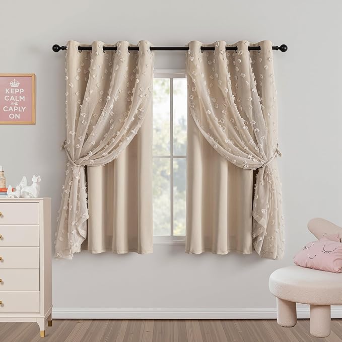 MYSKY HOME Double Layer Curtains for Girls Bedroom Kids Curtain Beige Pom Pom Sheer Window Curtains 2 Panels Beige Curtains Grommet Room Darkening Solid Nursery Curtains 63 Inches Length, W52 X L63