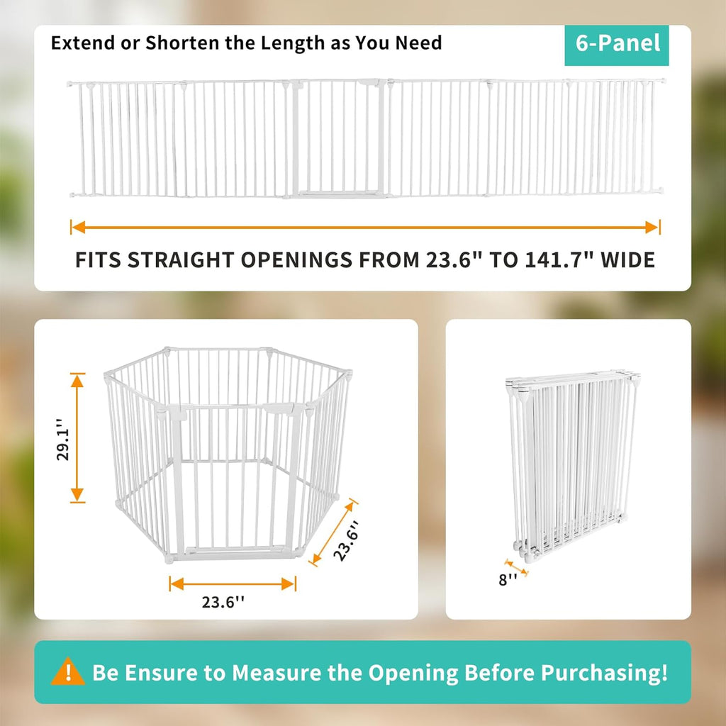 Extra Wide Baby Gate, 30" Tall 142" Wide Configurable Baby Gate Fireplace Safety Fence, Metal Pet Safety Playpen for Toddler/Pet/Dog Christmas Tree Fence (Whtie, (6-Panel))