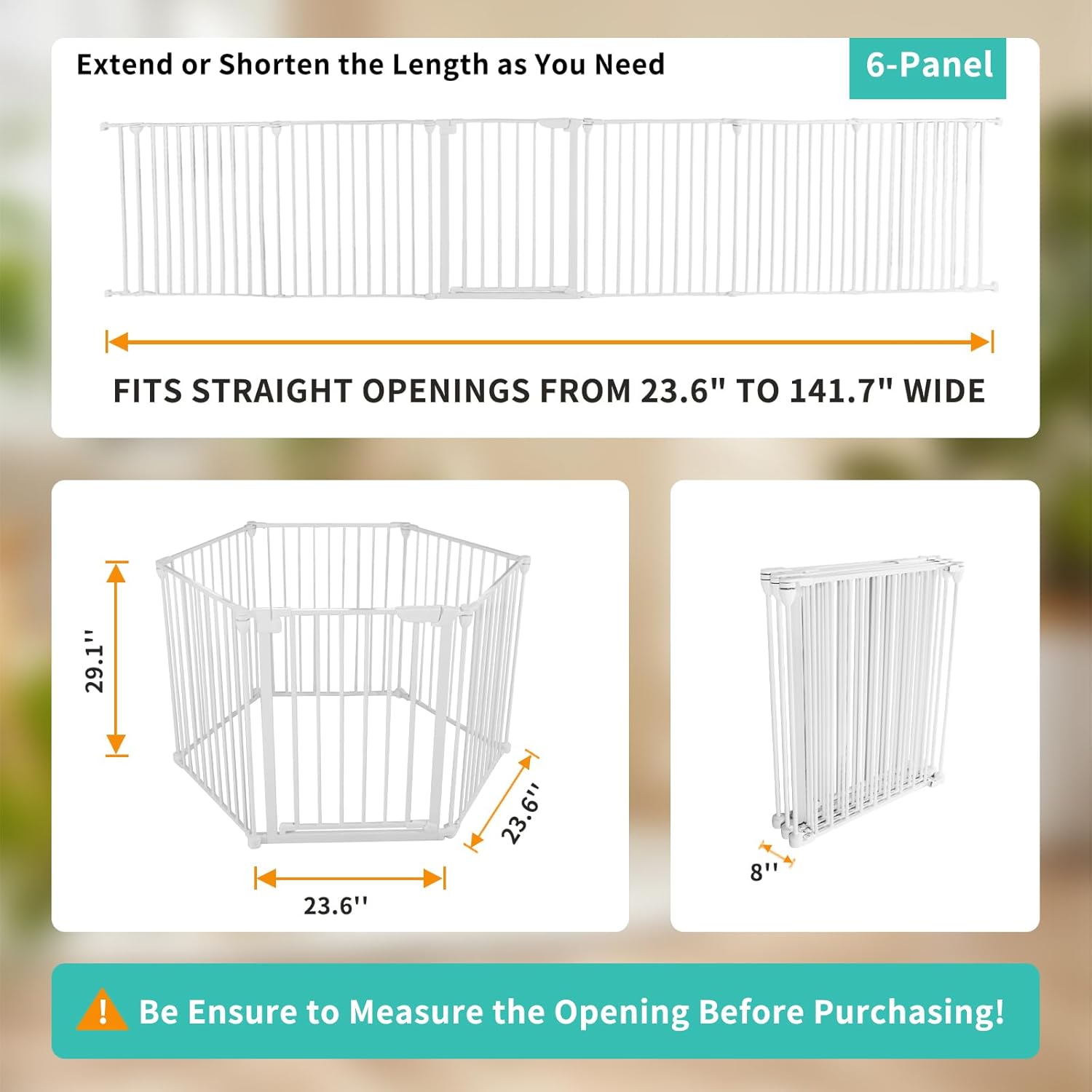 Extra Wide Baby Gate, 30" Tall 142" Wide Configurable Baby Gate Fireplace Safety Fence, Metal Pet Safety Playpen for Toddler/Pet/Dog Christmas Tree Fence (Whtie, (6-Panel))