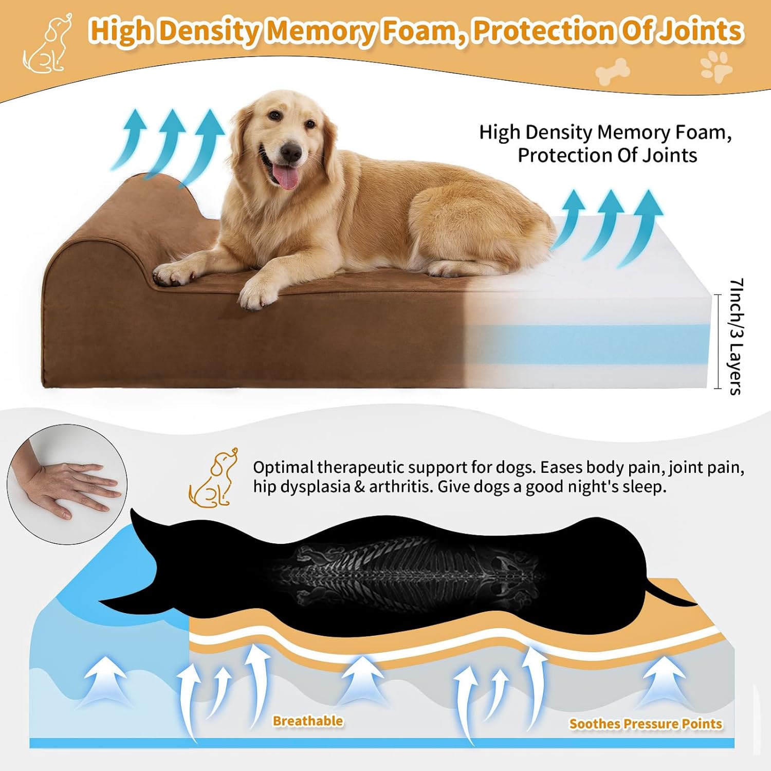 Large Orthopedic Dog Bed, 7" Memory Foam with Waterproof Liner, Chew Resistant Microsuede Cover, Removable and Washable, for Indoor, Outdoor, and Car Use, Nonskid Base, 52"x36" XL Brown