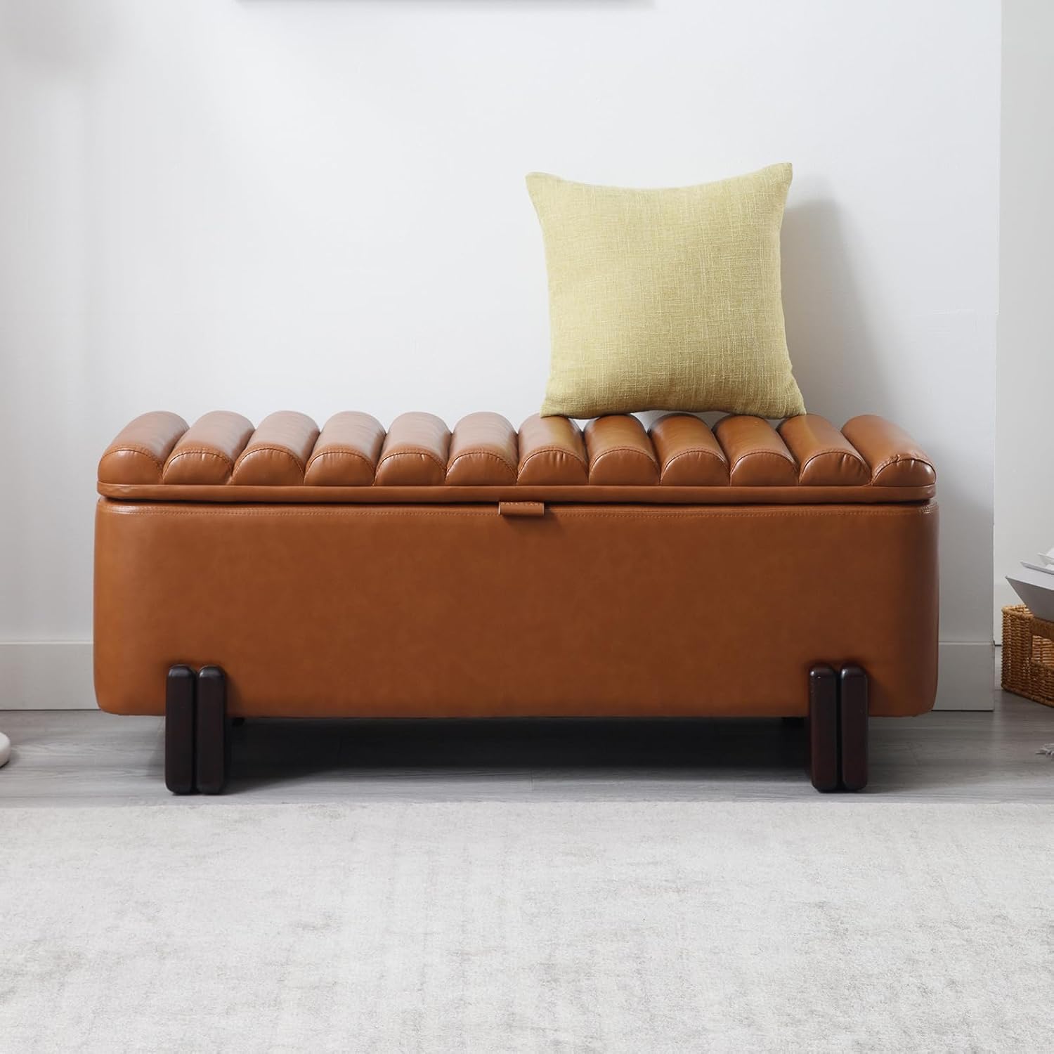 Kmax 45" Storage Bench PU Leather Entryway Bench Upholstered Ottoman Bench with Wavy Top & Safty Hinge for Bedroom Living Room Hallway, Brown