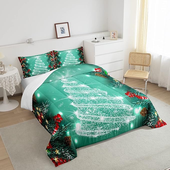 Feelyou Merry Christmas Comforter Set, Kids Santa Tree Glitter Bedding Comforter Full Size for Boys Girls Xmas Christmas Bell Decor,1 Comforter + 2 Pillow Cases Boys