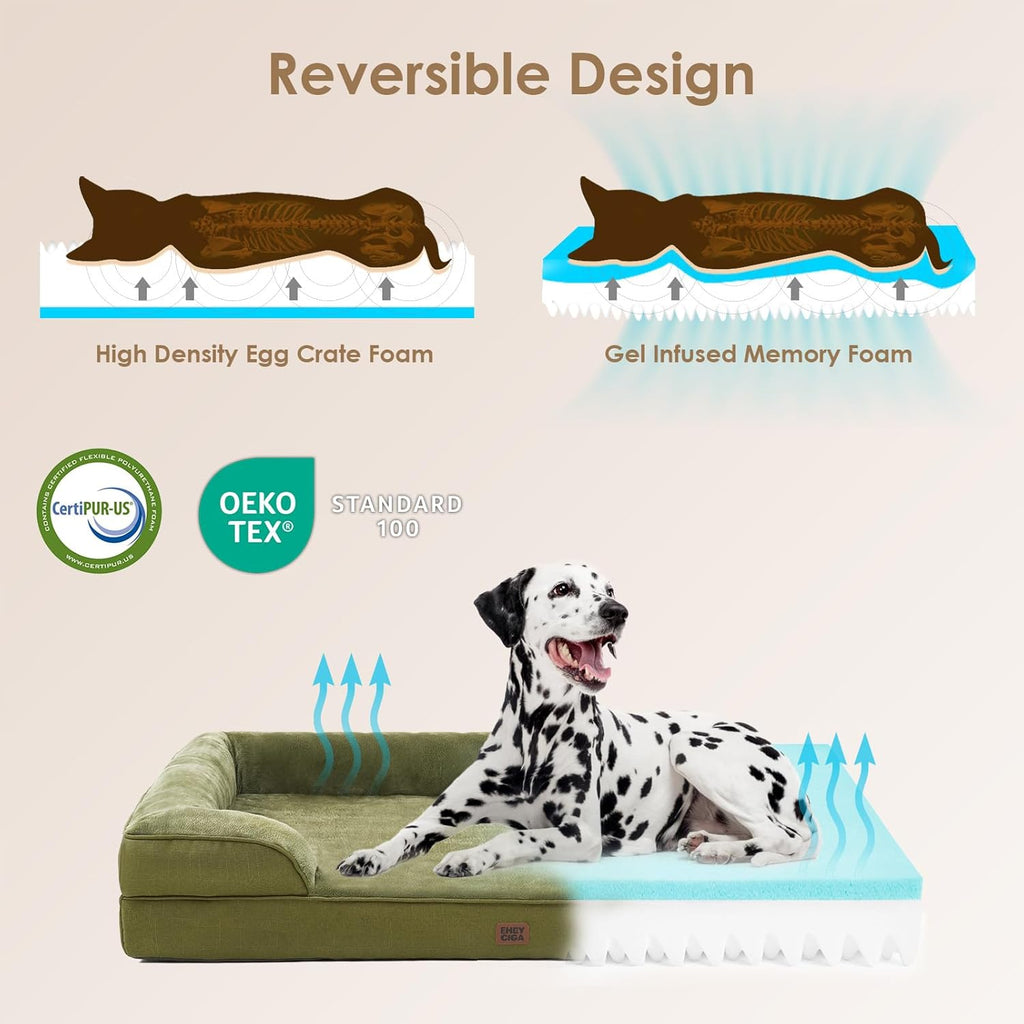 EHEYCIGA Orthopedic Dog Beds for Large Dogs, Waterproof Memory Foam Large Dog Bed with Sides, Non-Slip Bottom and Egg-Crate Foam Pet Couch Bed with Washable Removable Cover, Olive Green