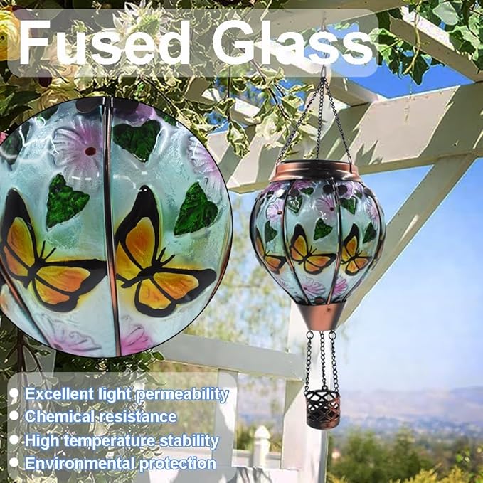 Hot Air Balloon Solar Lantern, Glass Hanging Solar Lantern with Flickering Flame Lights for Outdoor Garden Decoration (Butterfly 2PC)