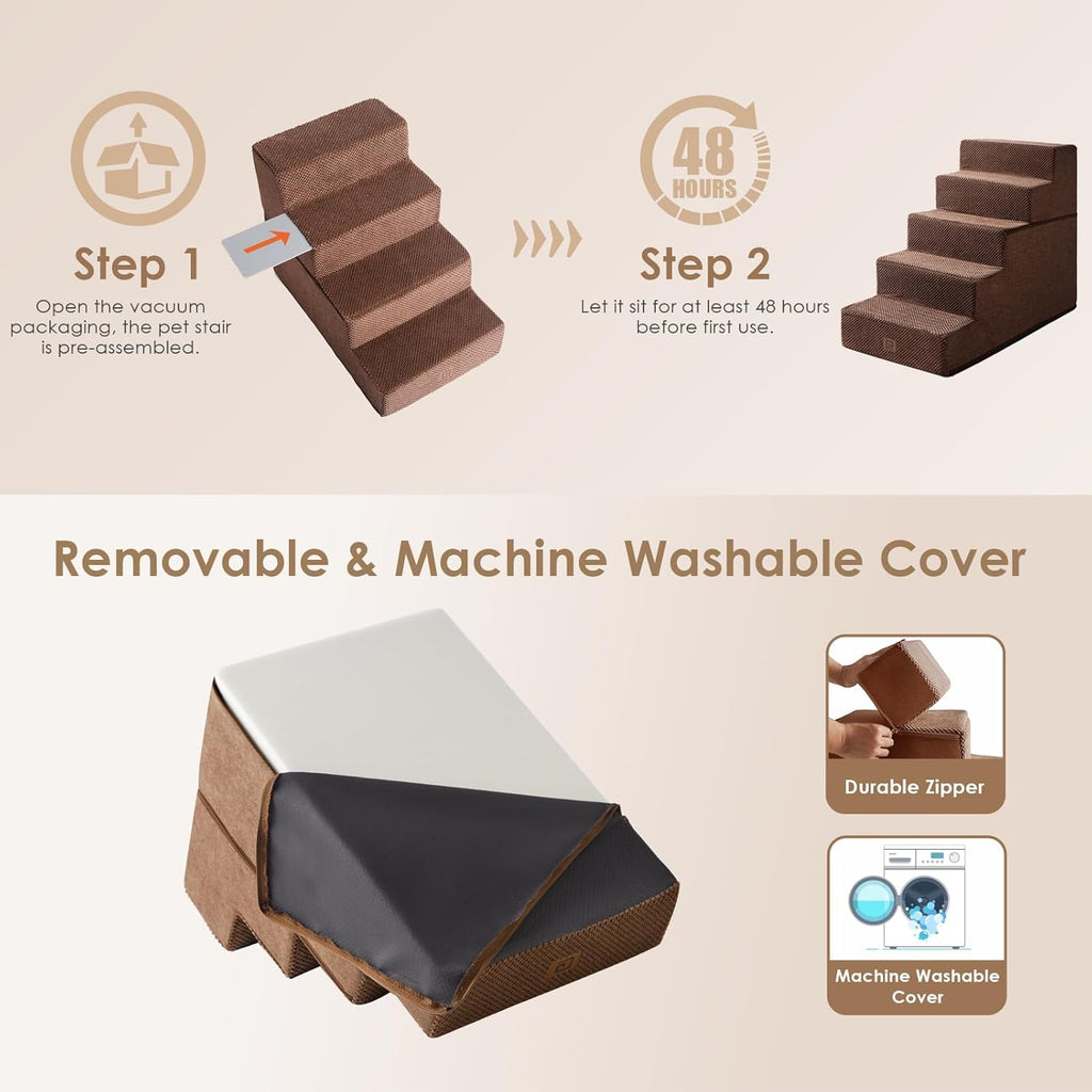EHEYCIGA Dog Stairs for High Bed 22.5" H, 5-Step Dog Steps for Bed, Pet Steps for Small Dogs and Cats, Non-Slip Balanced Pet Ramp Indoor, Brown