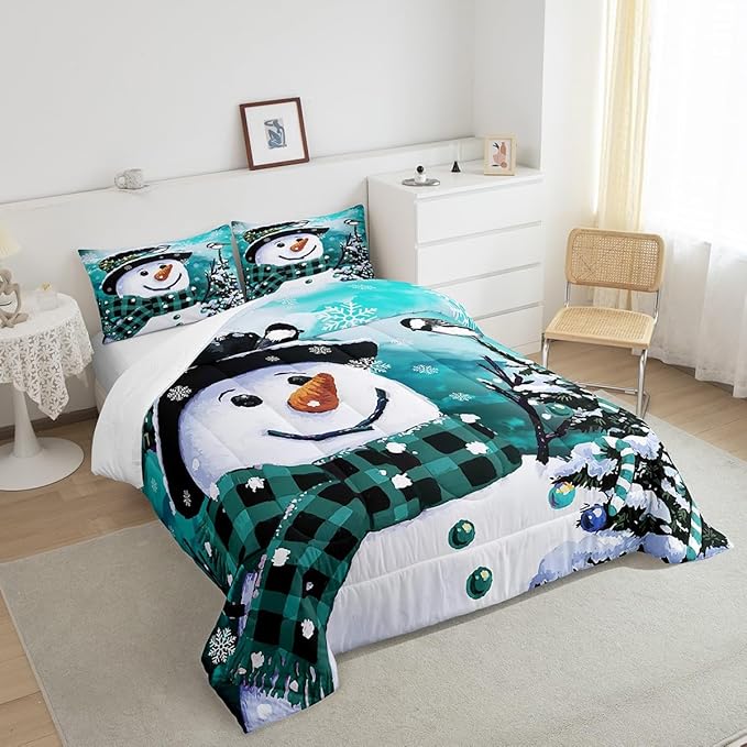 Feelyou Kids Christmas Theme Decorations Bedding Set Xmas Snowman Comforter Set for Boys Girls Watercolor Teal Bedroom Collection Twin Size