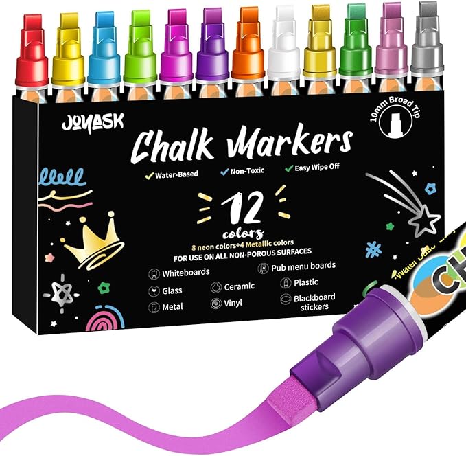 Liquid Chalk Markers for Blackboard, 12 Vibrant Color Dry Erase Marker Pens with 10mm 3 in 1 Wide Reversible Tip, Washable Chalkboard Markers Car Window Paint Pens for Christmas Glass Decor for Kids