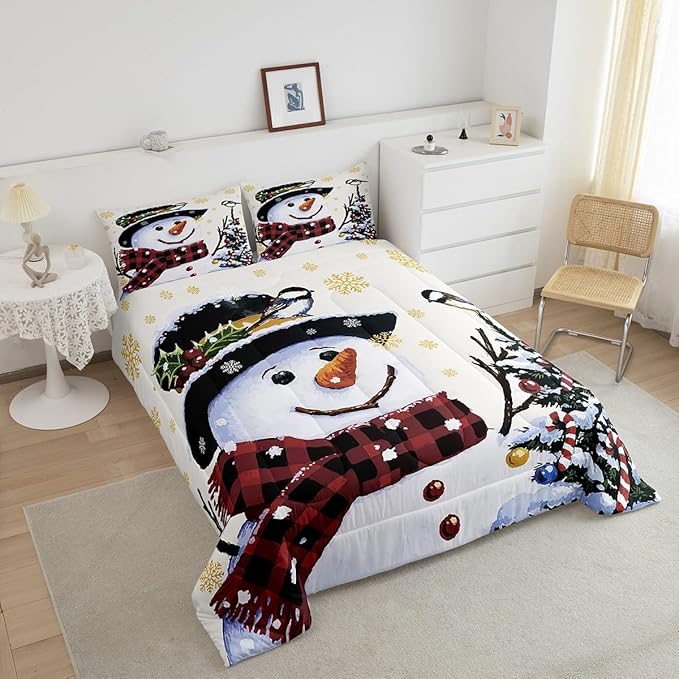 Feelyou Kids Christmas Theme Decorations Bedding Set Xmas Snowman Comforter Set for Boys Girls Snowflake Kawaii Cute Beige Golden Bedroom Collection Twin Size
