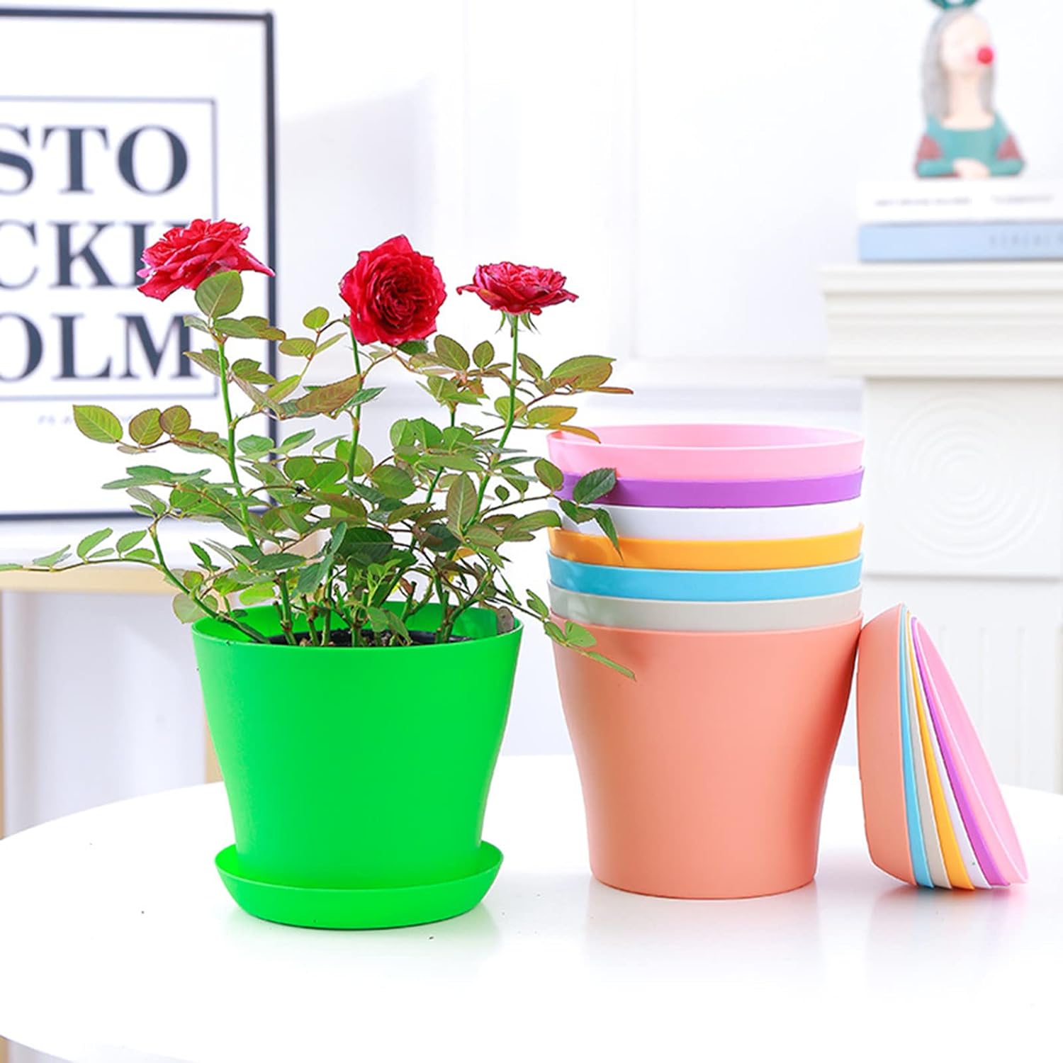 10 Pack 4 Inch Plant Pots Bulk Small Plastic Planters Pots with Drainage Holes Flower Pot for Succulent, Cactus, Herb, African Violet (10pcs-Multicolor, 4Inches)
