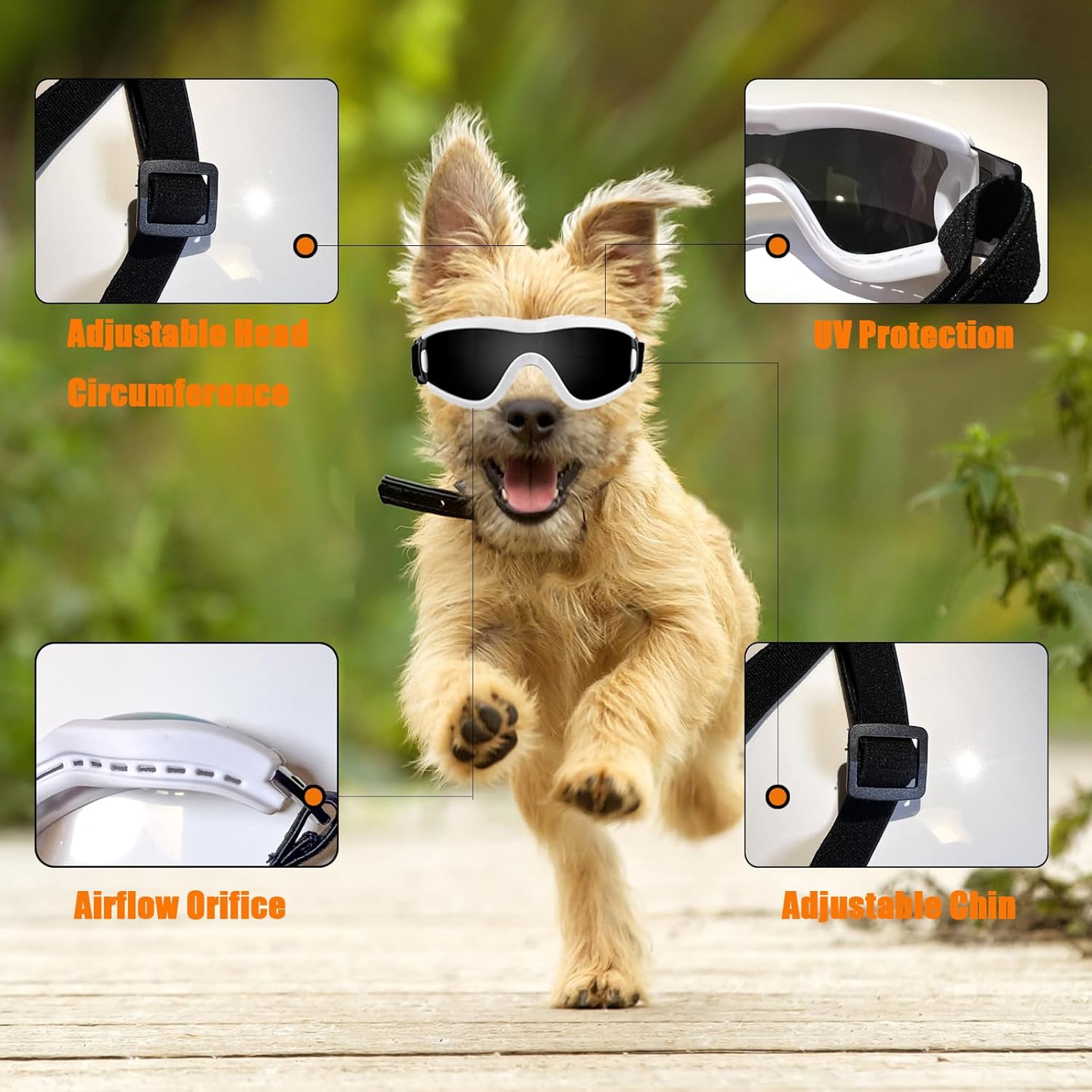 Dog Goggles Small Breed Dog Sunglasses with Adjustable for UV Protection Eyewear Doggy Doggie Puppy Glasses Anti-Fog Wind Dust Snowproof (White Frame Black Lens)
