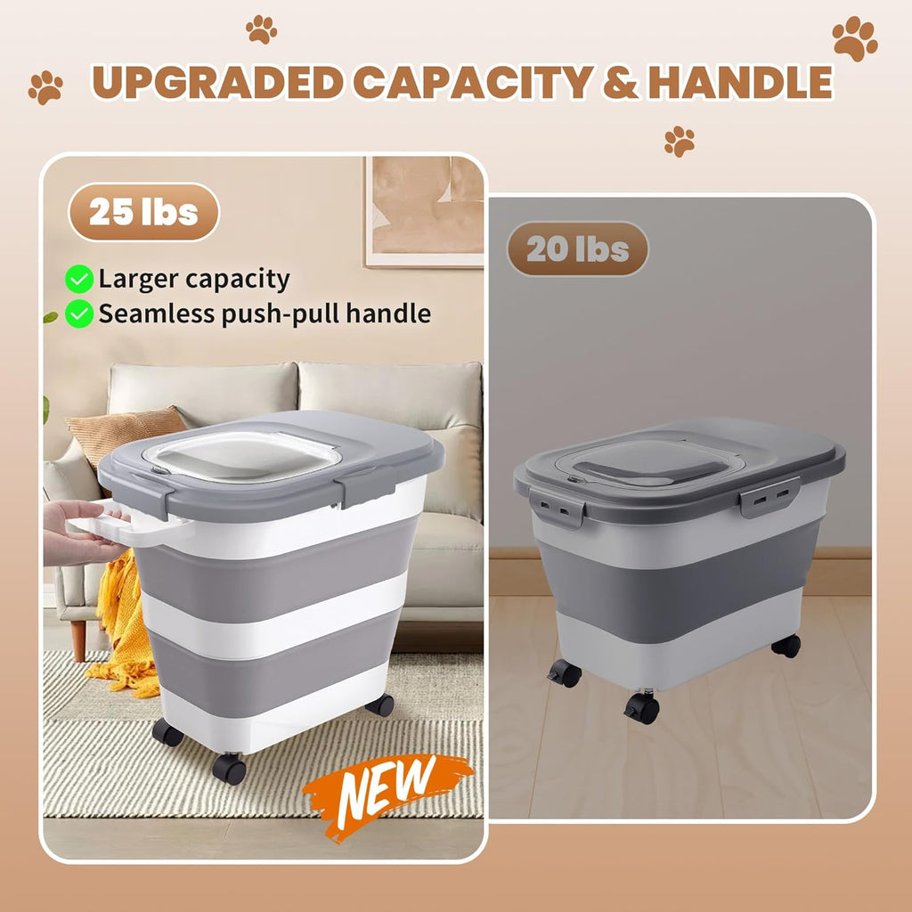 23-25 Lbs Airtight Dog Food Storage Container,Collapsible Dog Food Container with Lid,Wheels,Handle,Large Pet food storage Container with Scoop,Small Food Container for Dog Cat