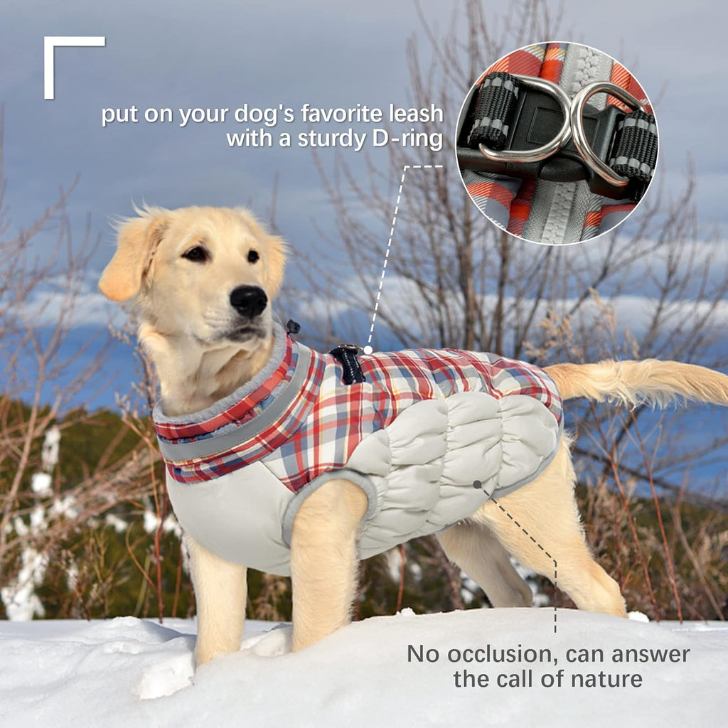 FUAMEY Dog Coat for Large Dogs,Waterproof Dog Winter Jacket with Harness Built in Puppy Cold Weather Coats Reflective Pet Vest with Zipper Warm Fleece Dogs Snowsuit Windproof Red Plaid XXL