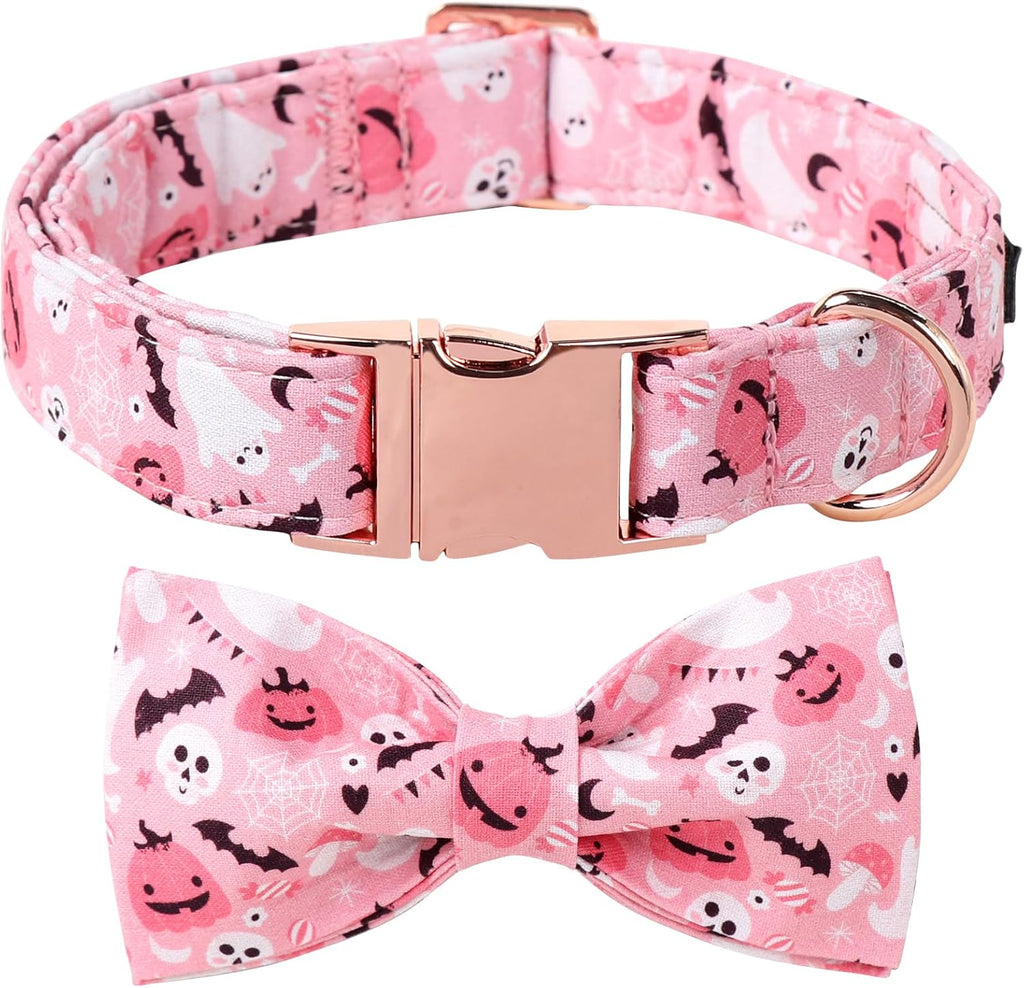 Lionet Paws Halloween Dog Collar, Cute Fall Pink Dog Collar for Medium Dogs, Adjustable Cotton Pumpkin Ghost Pet Collars for Small Medium Dogs