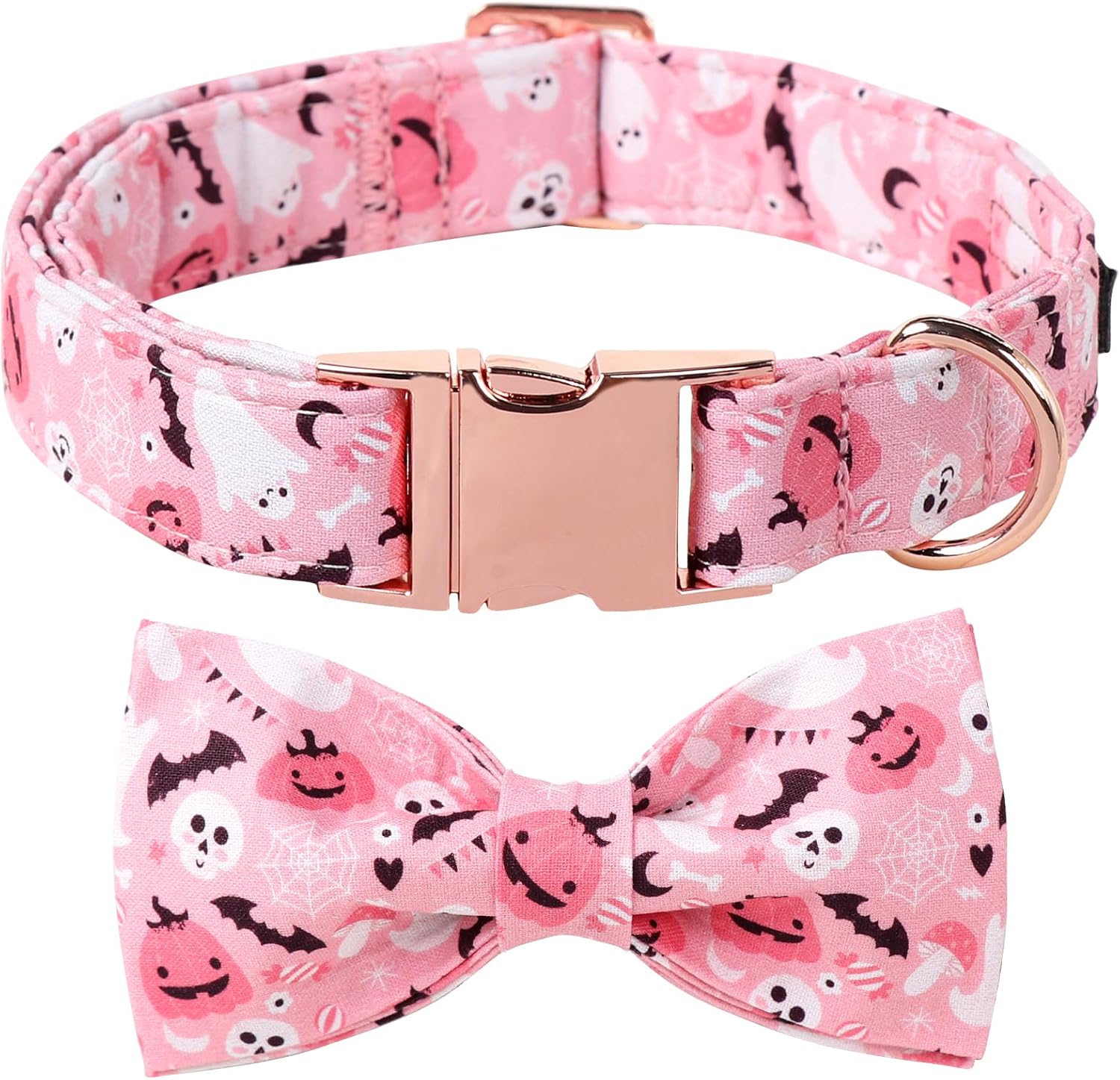 Lionet Paws Halloween Dog Collar, Cute Fall Pink Dog Collar for Medium Dogs, Adjustable Cotton Pumpkin Ghost Pet Collars for Small Medium Dogs