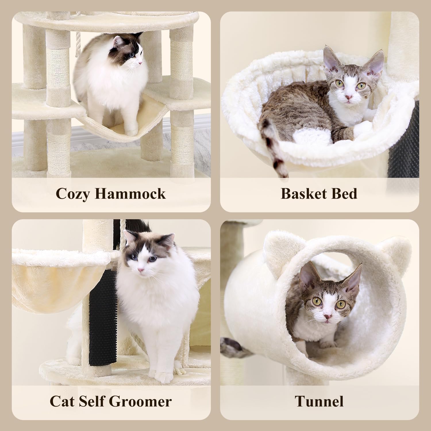 Globlazer Artistic Curved Cat Tower for Small Cats (Under 12 lbs), 81-inch Slim Design Cat Tree with Space-Saving Design, Indoor Cat Condo with Hammock & Tunnel, C81, Beige, Non-Large Cats