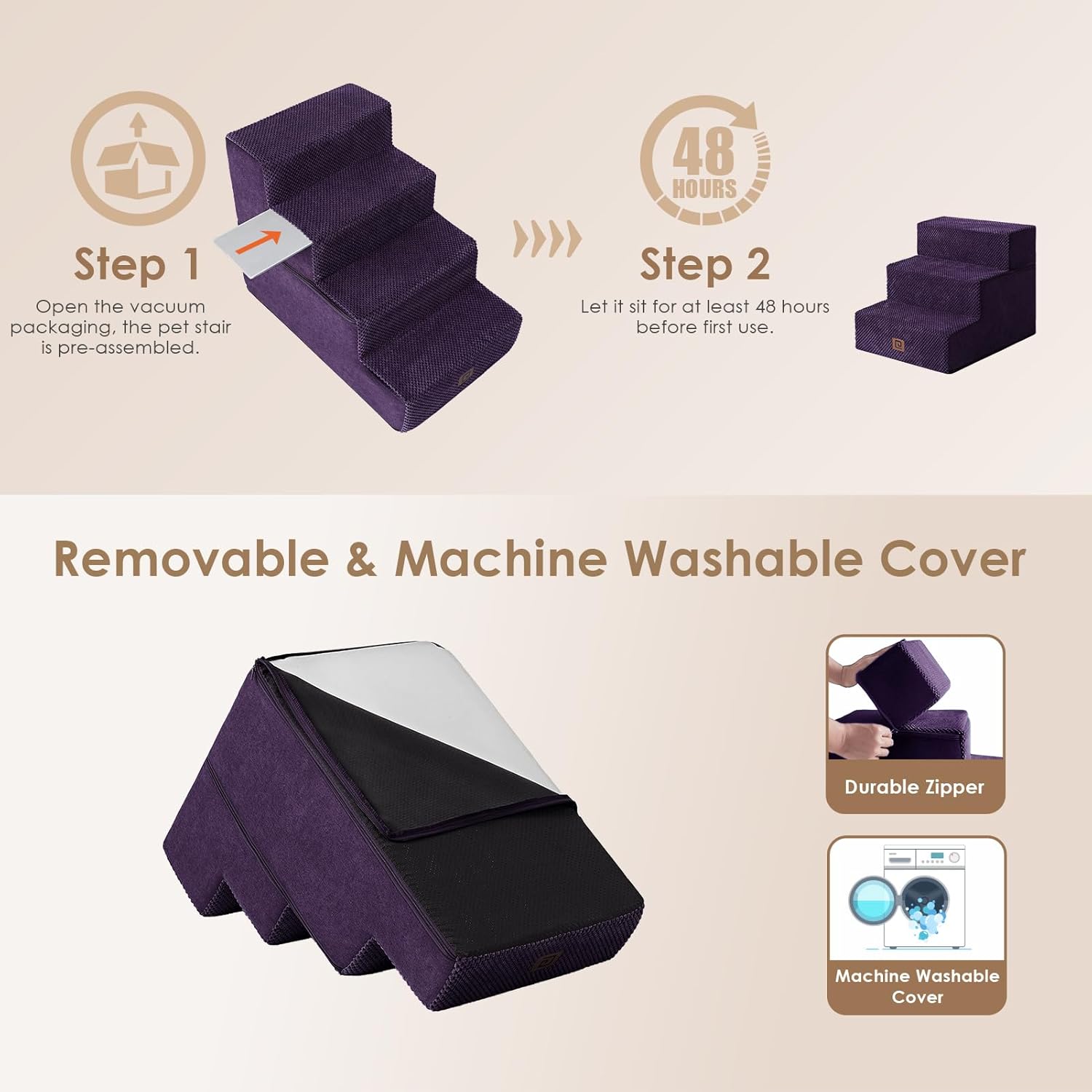 EHEYCIGA Dog Stairs for Small Dogs 13.5" H, 3-Step Dog Steps for Couch Sofa and Chair, Pet Steps for Medium Cats, Non-Slip Balanced Pet Ramp Indoor, Purple