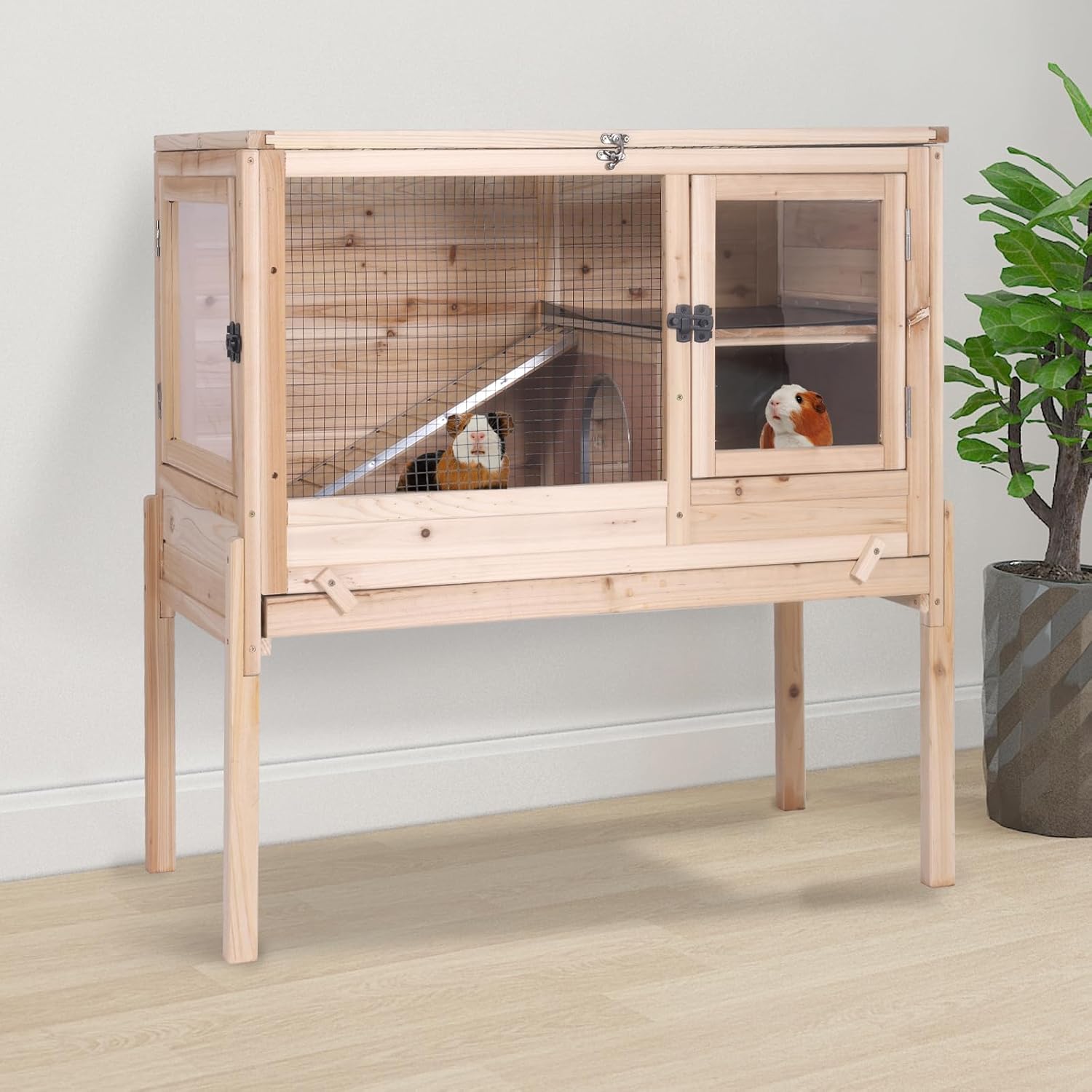 GUTINNEEN Indoor Guinea Pig Cages - Wooden Rabbit Cage Bunny Hutch with Chew-Proof Ramp, Pull-Out Tray, Leakproof PVC Layer & Detachable Legs for Rabbits, Guinea Pigs (Natural Wood)