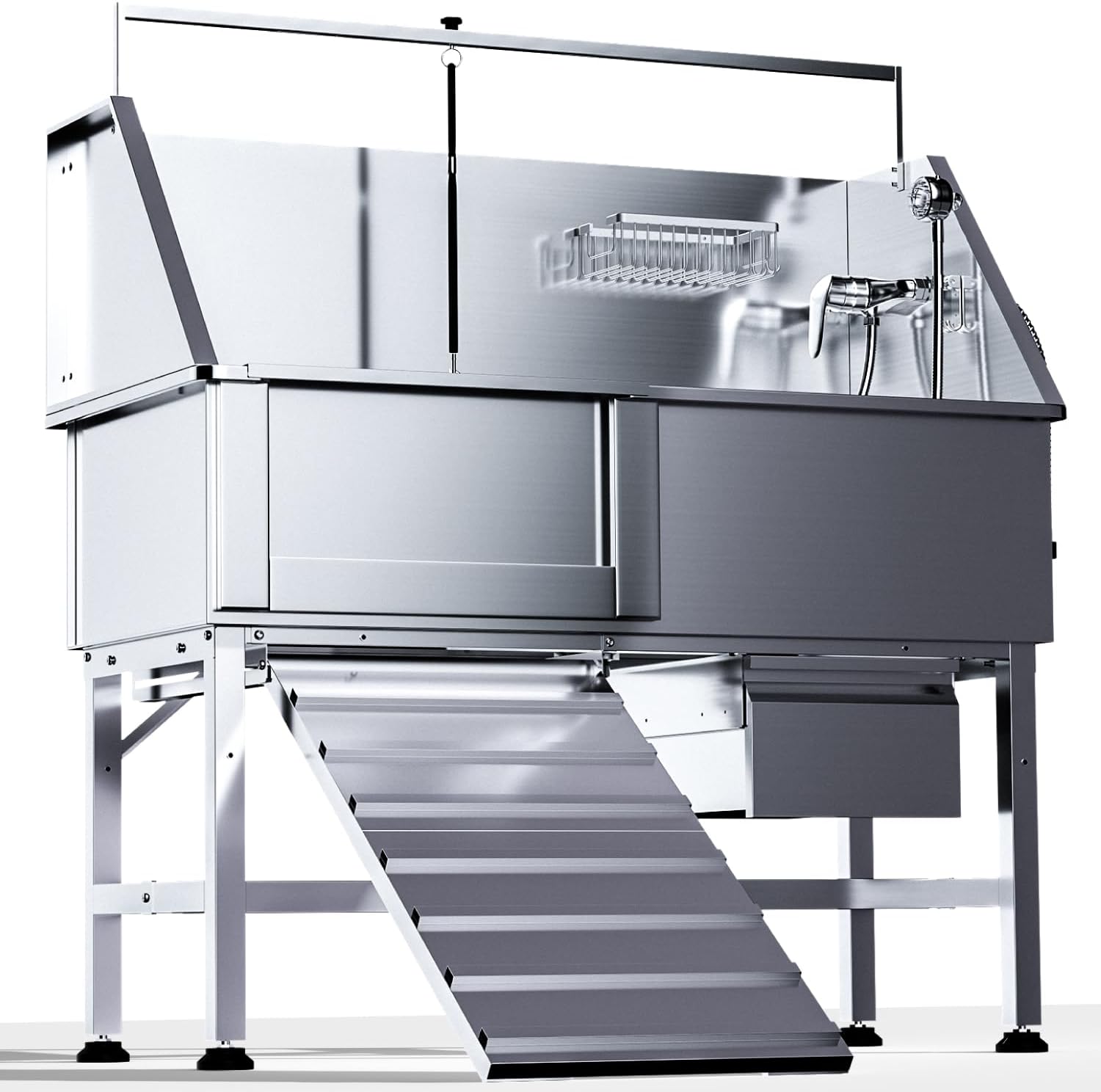 Professional 46" Dog Washing Station, Stainless Steel Dog Bathing Station, Height Adjustable Dog Wash Station, Storage Drawer, Upgrade Parts, Home, Commercial (Left Ramp)