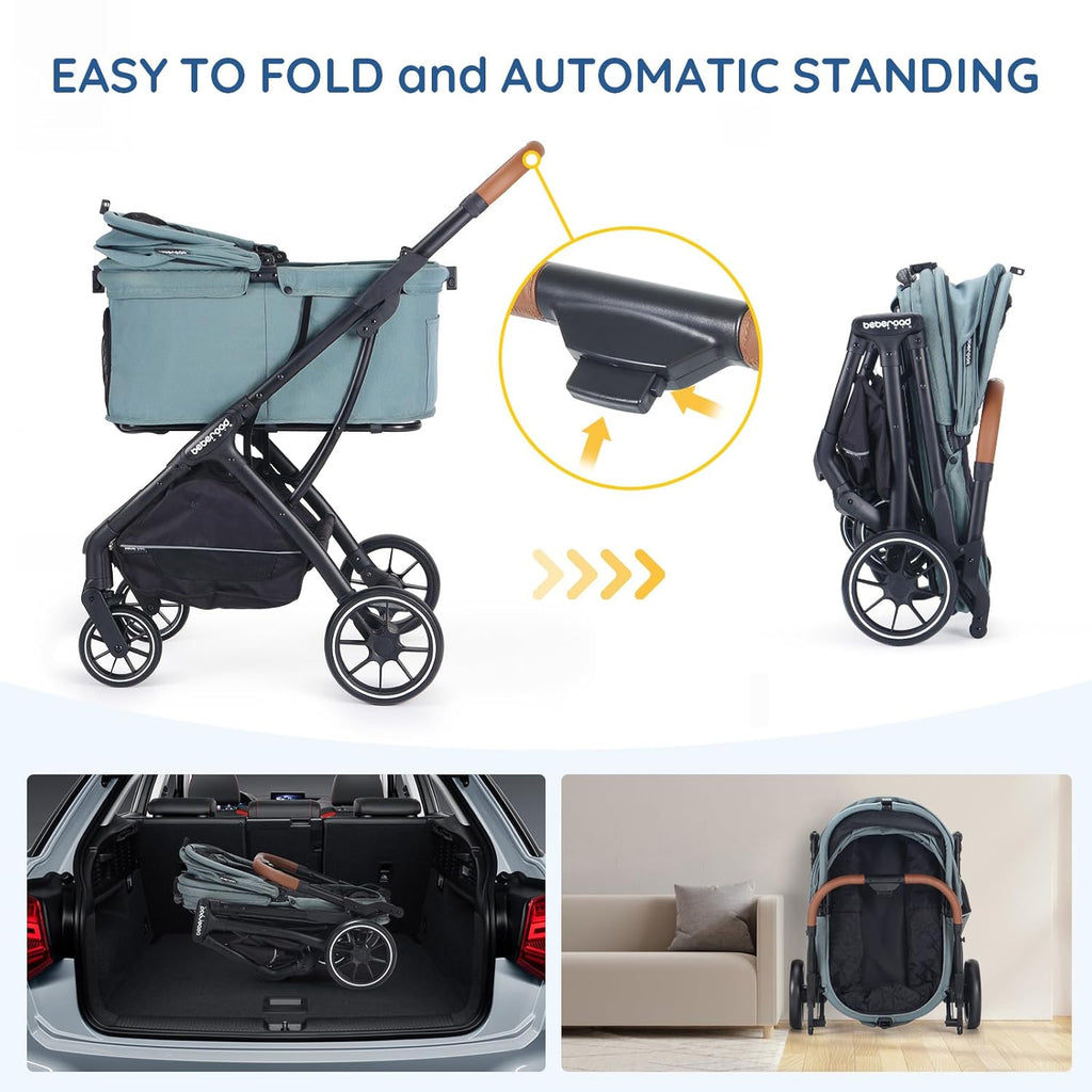 T5 Luxury Pet Stroller for Medium Dog Under 60lbs or 2 Small Dogs & Cats with 180 ̊Canopy, Sun Shades, Auto-Folding Stroller for Multiple Pets (Green)