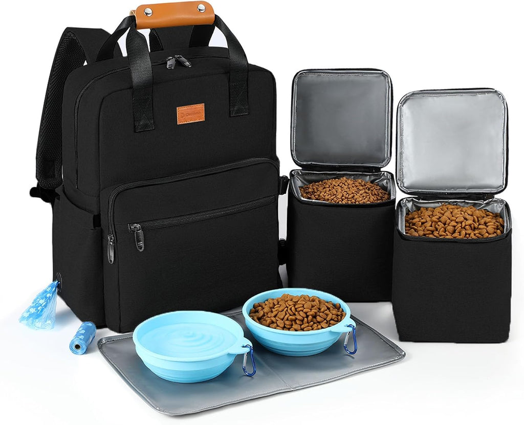 Dog Travel Bag, 25L Airline Approved Dog Travel Backpack for Pet Travel Accessories with 2 Food Storage Containers, 2 Foldable Bowls for Short Trips, Black