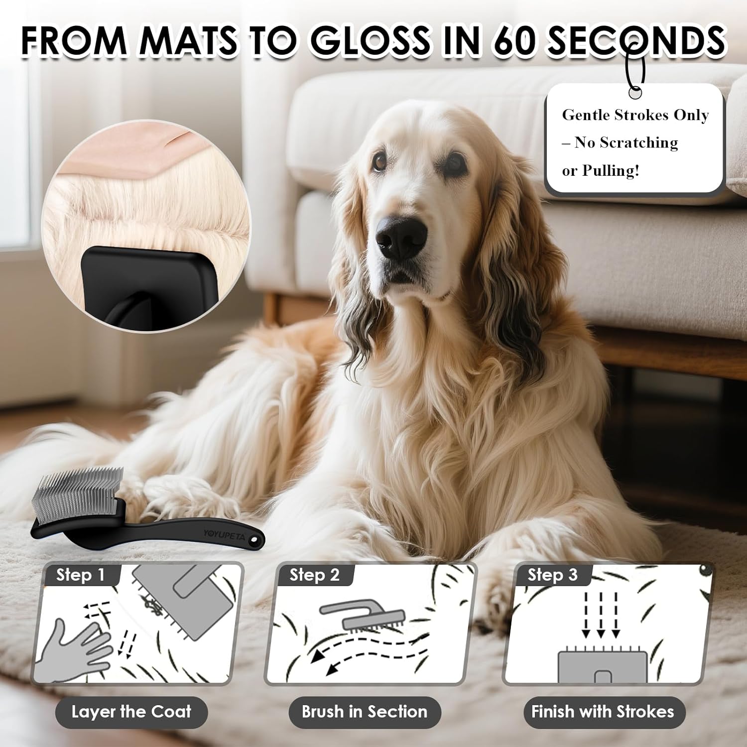 Large Slicker Brush for Dogs - 3PC Pet Grooming Kit - Undercoat Rake & Stainless Comb | Long Pins Remove Mats on Poodles, Golden, Labradoodles | Thick Coat Deshedder for Dogs, Cats, Black