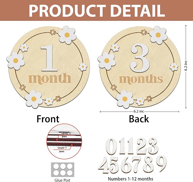 Baby Monthly Milestone Cards - Wooden Monthly Milestone Discs - Newborn Photography Props to Document Your Baby´s Growth - Baby Announcement Sign (B06)