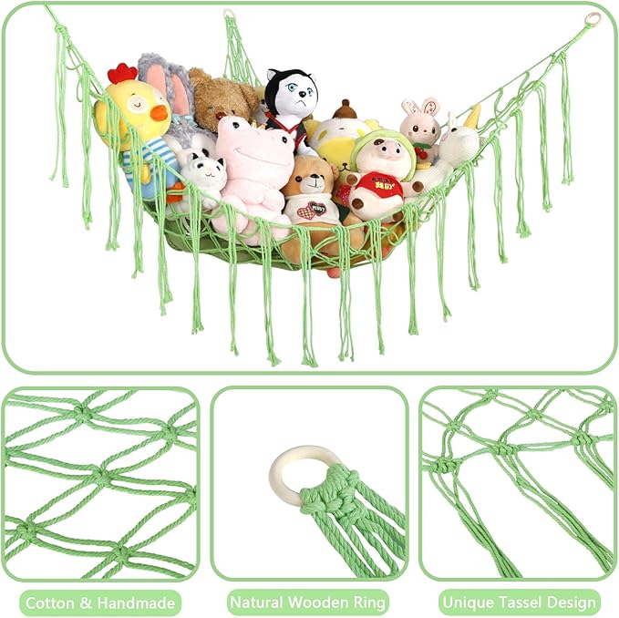 Stuffed Animal Hammock Corner, Hand-knitted Large Plushie Net Toy Hammock with Wooden Rings | Boho Cute Stuff Animal Storage for Nursery & Bedroom | Mesh Kids Toy Organizer Holder Nursery Room Decor