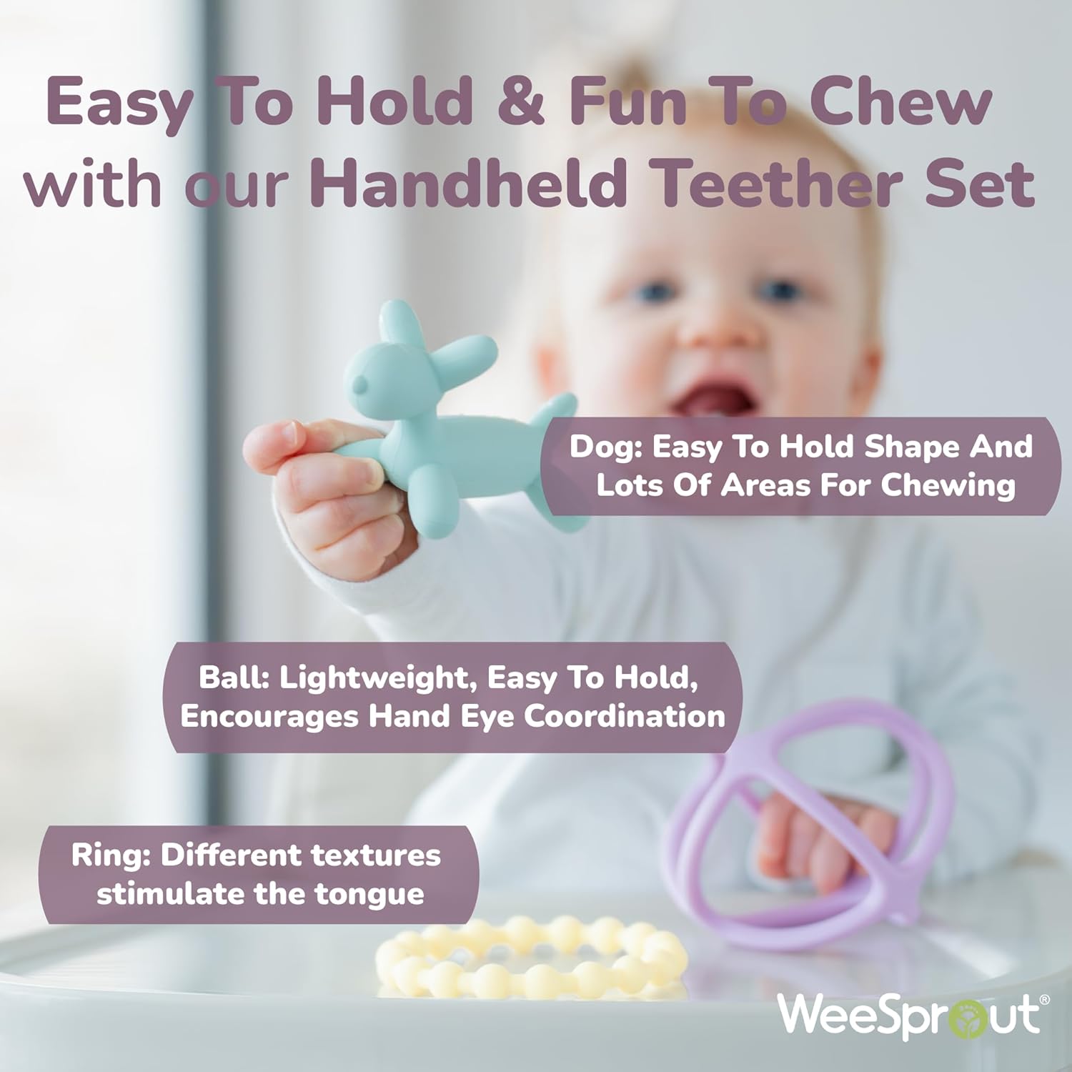 WeeSprout Silicone Baby Teether Toys for Infant Babies and Toddlers, Cute Ring, Puppy Dog, and Ball, Soft and Flexible, BPA Free, Boys and Girls (Matte Green, Pink & Off White)