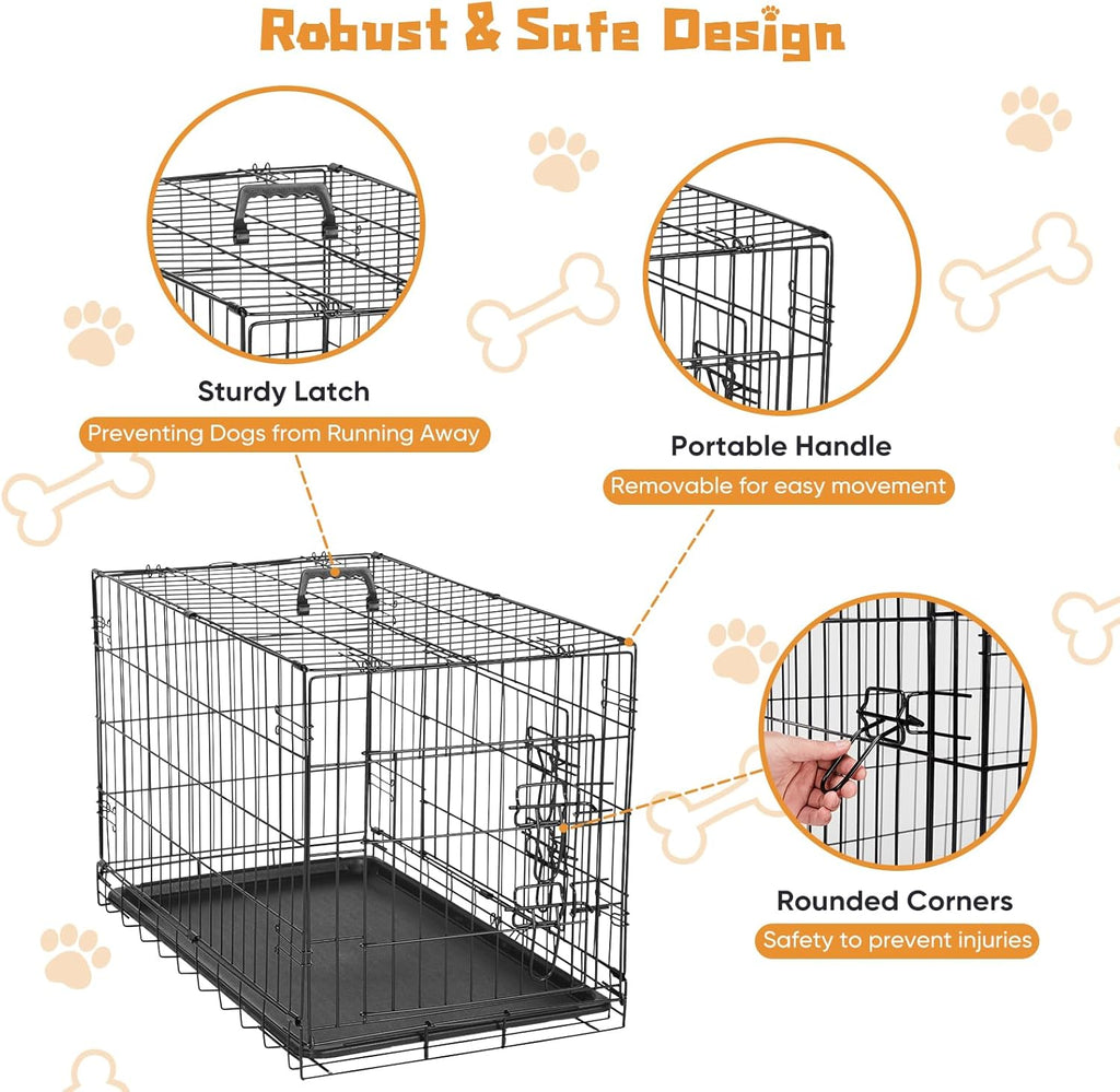 DUMOS Dog Crate, 36 Inch Medium Double Door Dog Cage with Divider Panel and Plastic Leak-Proof Pan Tray, Folding Metal Wire Pet Kennel for Indoor, Outdoor, Travel, Black