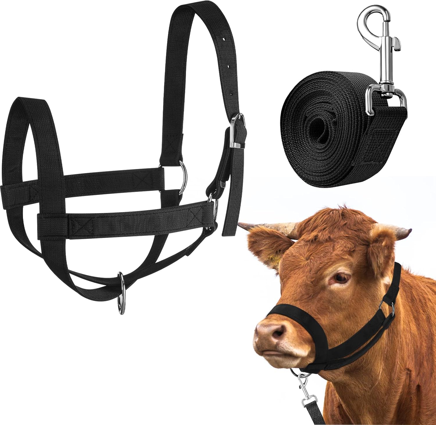 Hillban Cow Halter Cattle Halters Adjustable Calf Halter with Leading Rope for Miniature Horse Donkey Goat Foal Nylon Cattle Training Supplies