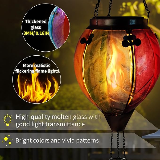 Glass Solar Hot Air Balloon Lantern with Flame Hanging Garden Flickering Light Outdoor Waterproof for Yard Patio Tree Mother's Day Gift, Colorful