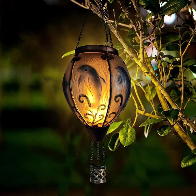 Glass Solar Hot Air Balloon Lantern with Flame Hanging Garden Flickering Light Outdoor Waterproof for Yard Patio Tree Mother's Day Gift, Dolphin