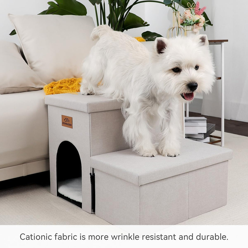 Dog Stairs with Condo 15" H, 2-Step Wider Dog Steps for Small/Medium/Large Old Dogs Cats, Folding Sturdy Storage Pet Stairs Climbing Bed Couch, Ramp for Car Hold Up to 150 lbs, Beige