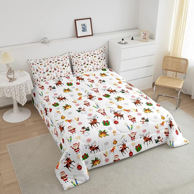 Feelyou Christmas Kids Comforter Set Cute Snowman Santa Claus Bedding Set Boys Girls Cute Reindeer Bells Cartoon Design Quilt Collection 3Pcs King Size