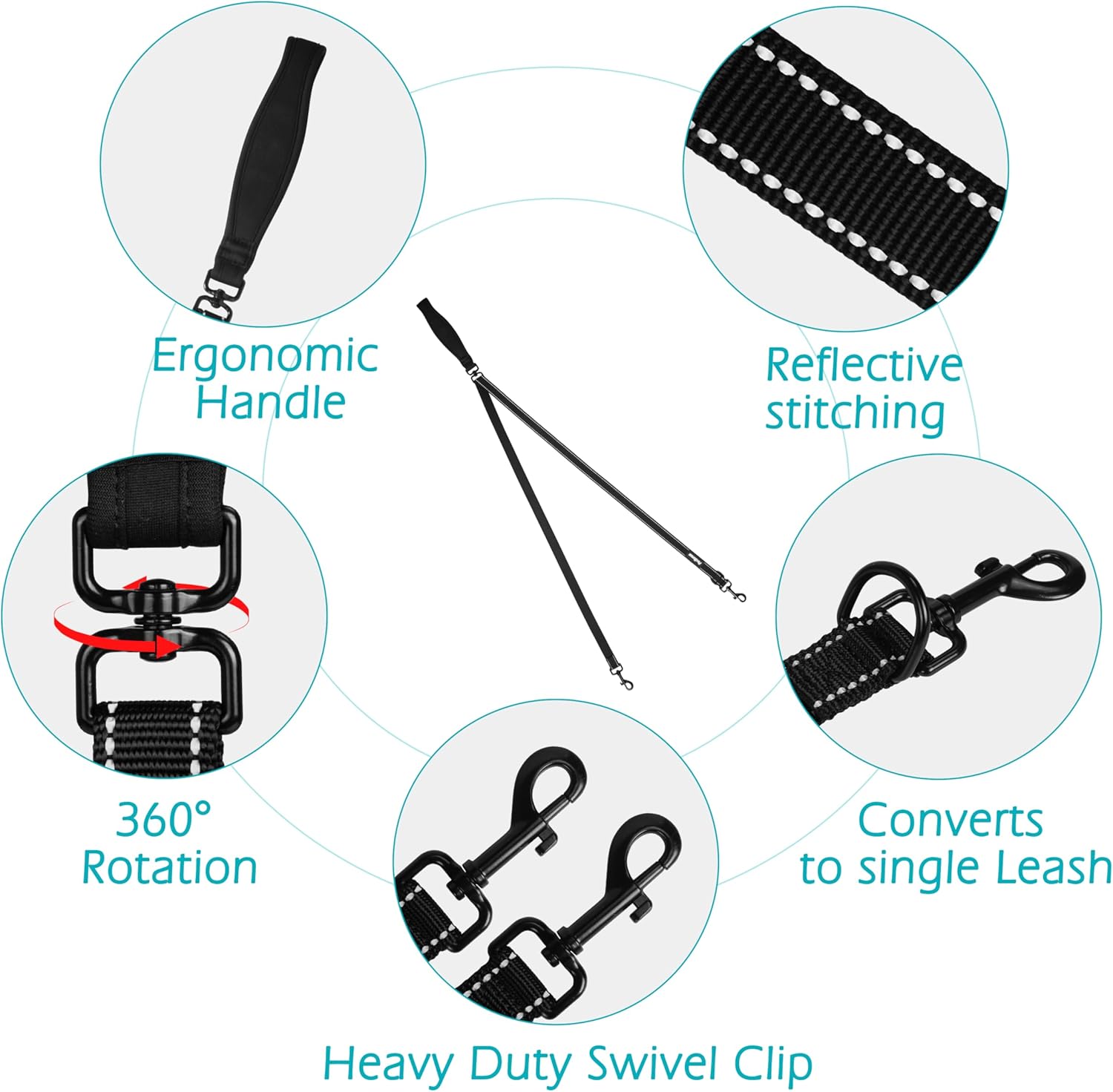 PetBonus Two Point Control Dog Leash, Works with No Pull Harnesses, No Tangle Training Leashes, Soft Padded and Reflective Walking Lead, Converts to Single Lead for Medium Large Dogs (Black)