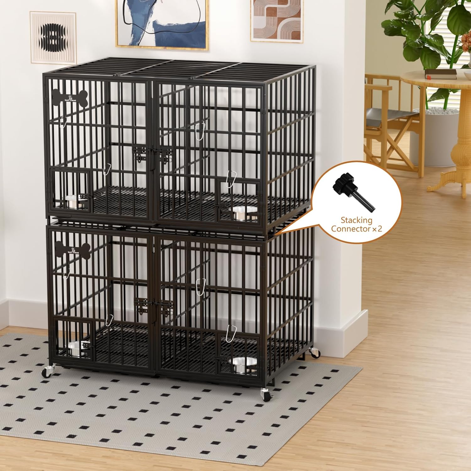 aboxoo 48 inch Stackable Heavy Duty Metal Dog Crate for 4 Dogs/Large Dog,All Metal Open Top Access,Escape Proof Cage,Dog Kennel Indoor with Wheels,Floor Grid, Tray, Divider and Feeding Bowl