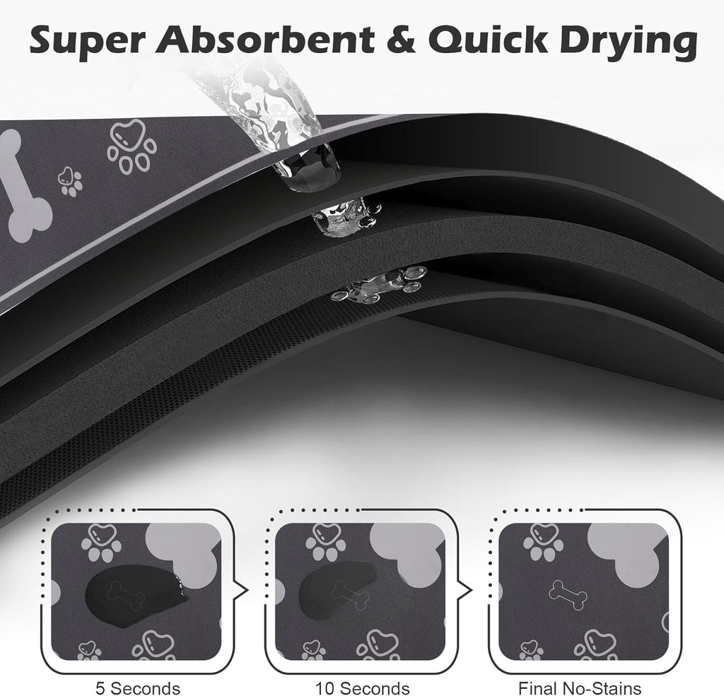 Pet Feeding Mat,Rapid Absorbent Mats for Dog Cat Food, Dog Placemat Water Bowl Mat with Rubber Backing,Messy Drinkers to Protect Floors, Pet Accessories 16"×24" Dark Grey