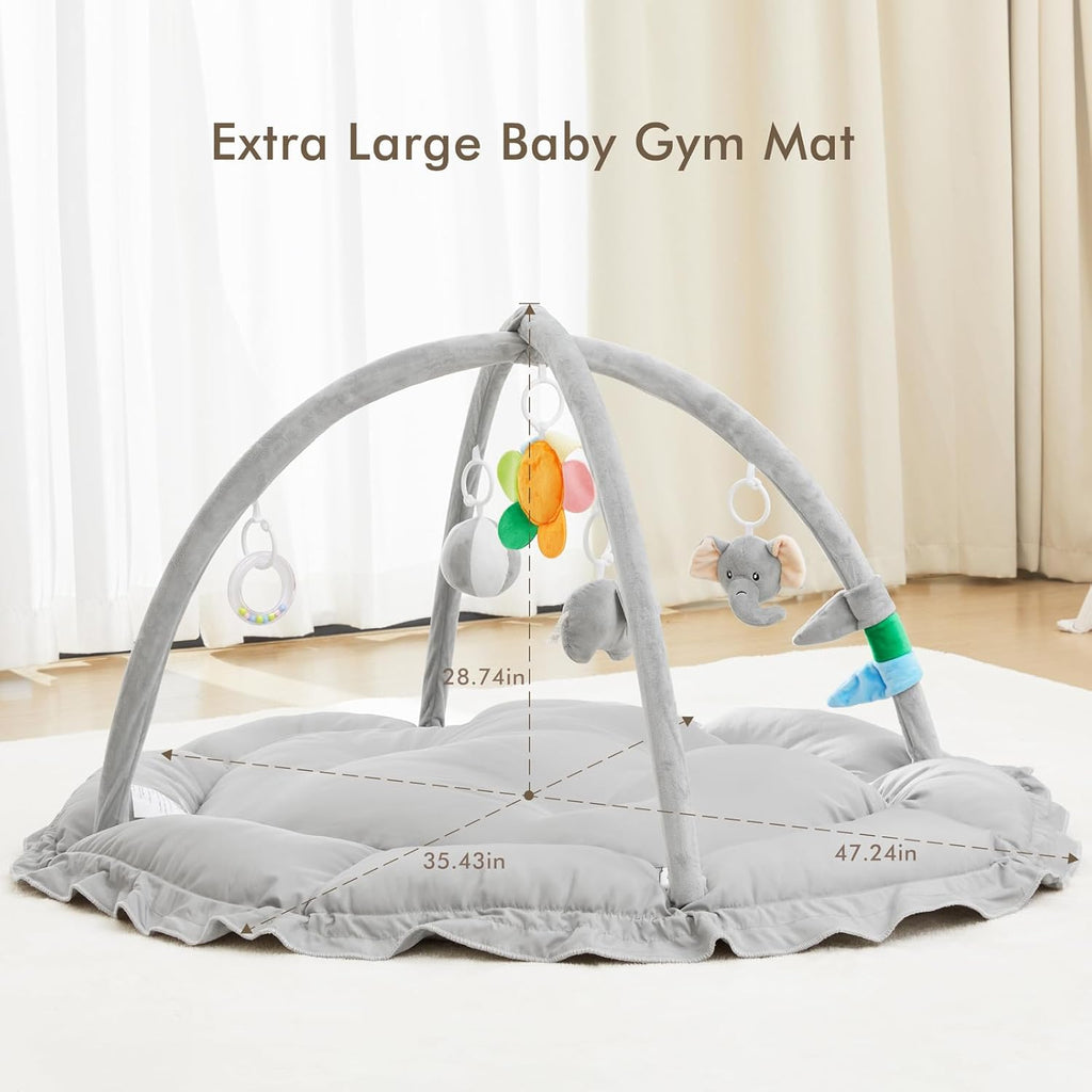 ANGELBLISS 5 in 1 Baby Play Gym Mat, Reversible Tummy Time Mat with 5 Sensory Toys for Stage-Based Developmental, Thick & Large Baby Activity Center from Newborn to Toddler (Grey)