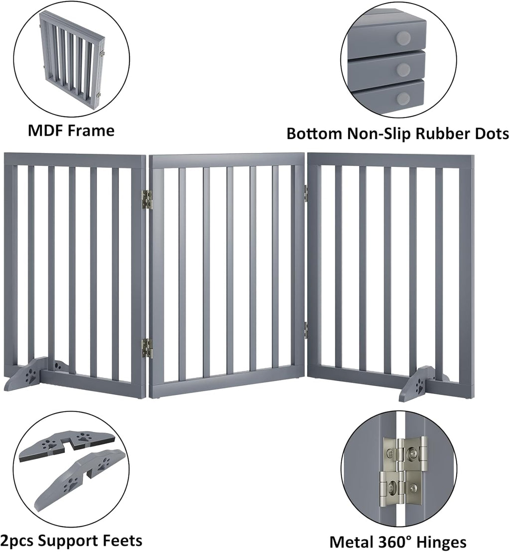 Freestanding Wooden Dog Gate - 24 Inch Tall, Support Feet, Step Over, Indoor