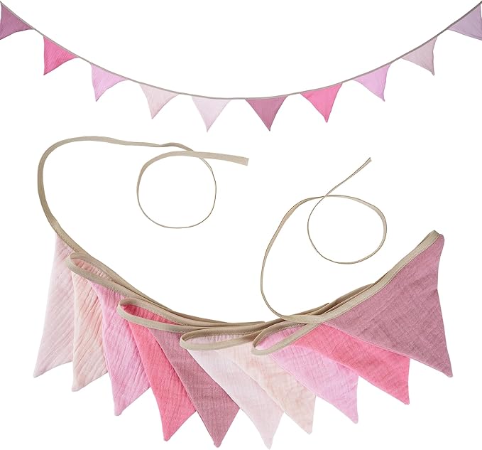 Fabric Bunting Banner, 2 Pack Handmade Neutral String Banner Each 8.5 ft 10 Flags Nursery Wall Hanging Wedding Birthday Home Baby Shower Party Decoration Bunting (Pink)