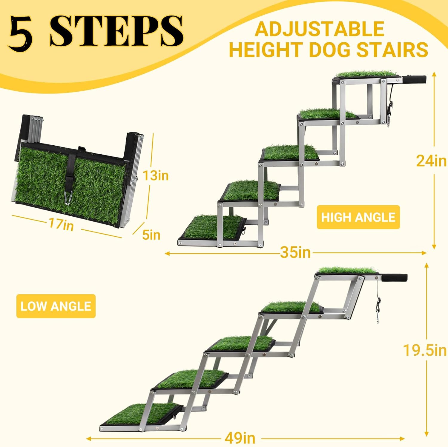 Dog Stairs for Car, Portable Folding Dog Ramps,Dog Steps for Large Dogs with Non-Slip Grass Rug for Cars, SUV, Trucks, Lightweight Pet Ramp Supports Up to 200 lb, 5 Steps