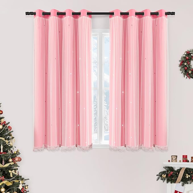 XiDi Pink Curtains with Sheer Overlay for Girls Bedroom 80% Blackout Double Layer Curtains for Nursery Kids Room Star Drapes with Tiebacks Room Darkening Grommet Window Treatment 2 Panels W34 X L63