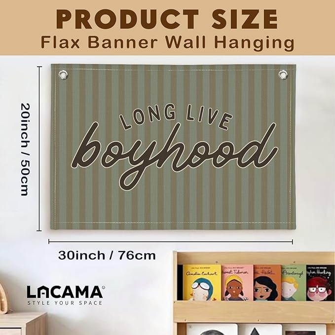 Lacama Green Long Live Boyhood Boys Room Decor, Boy Nursery Decor, Canvas Banner Wall Hanging Banner Flag Decor for Nursery Playroom Toddler Room, Boys Kids Rooms Decor, 30x20 Inch